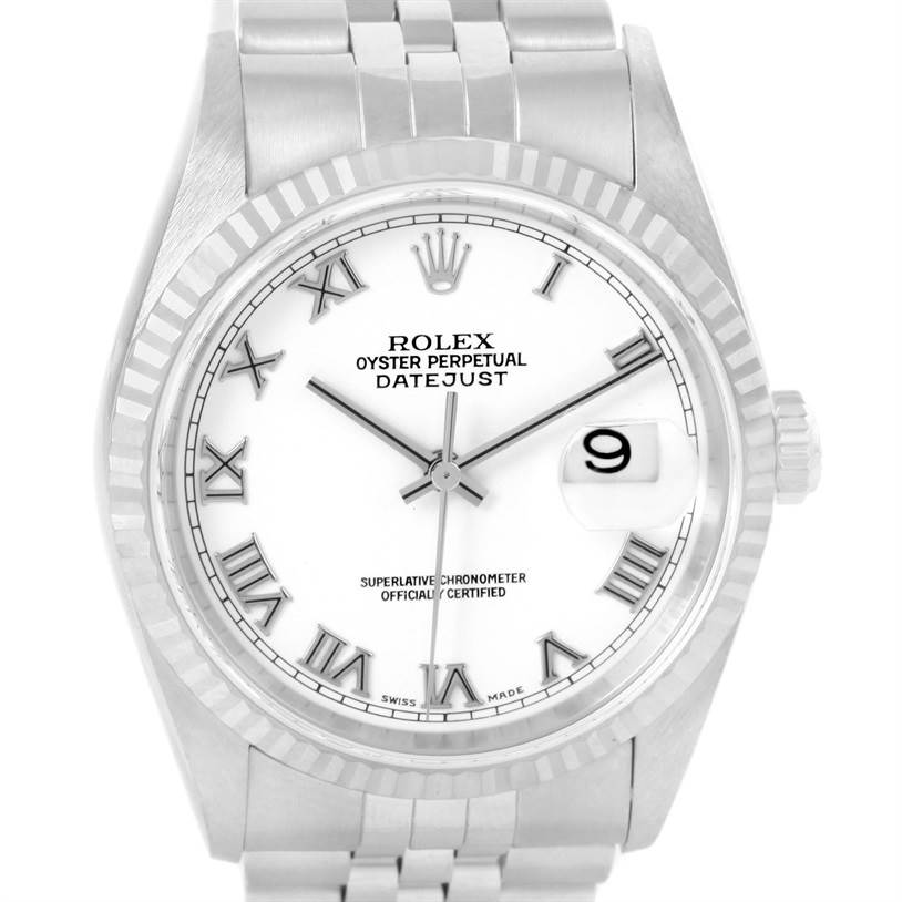 The image shows a front view of the Rolex Datejust 16234 Men
s Stainless Steel White Dial 16234 Men
s Stainless Steel White Dial watch, displaying its white dial, Roman numerals, and cyclops date window.