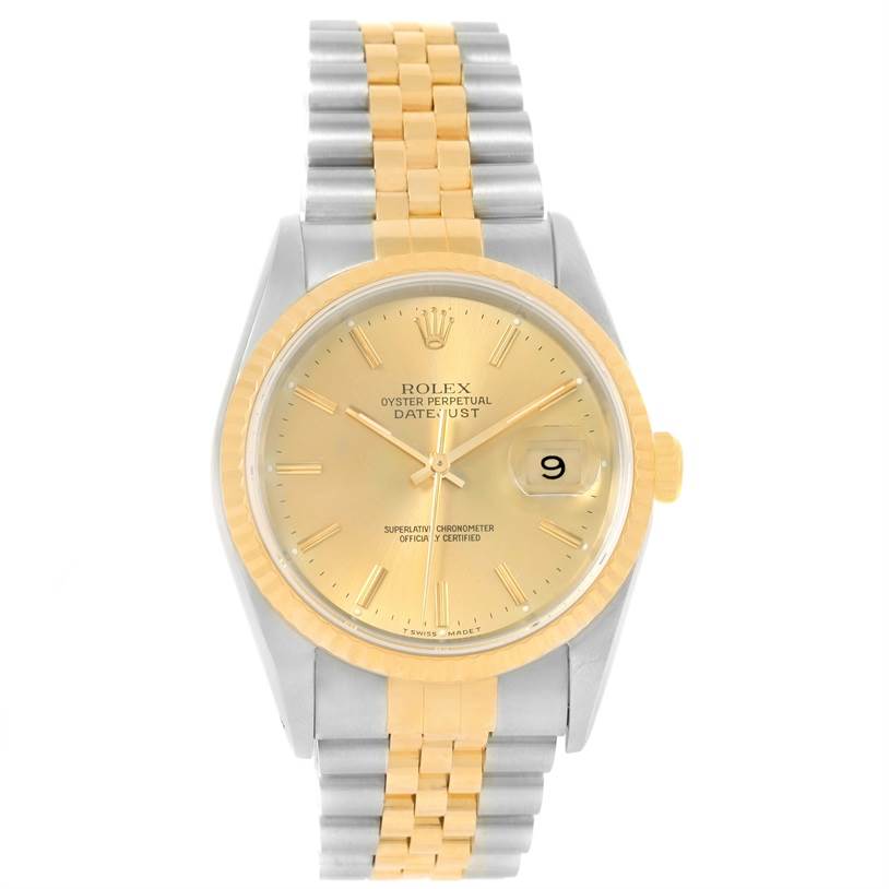 This image shows a front view of a Rolex Datejust 16233 Men's Steel and Gold (two tone) Champagne Dial 16233 Men's Steel and Gold (two tone) Champagne Dial model, displaying the watch face, bezel, and two-tone bracelet.