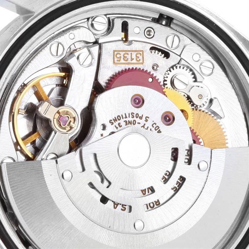 This image shows the inner movement mechanism of a Rolex Datejust 16220 Men
s Stainless Steel Black Dial 16220 Men
s Stainless Steel Black Dial watch, viewed from the back.