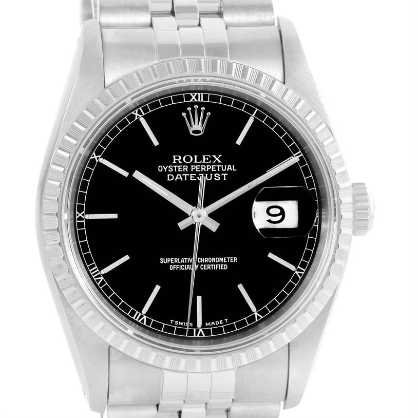 This image shows a front view of a Rolex Datejust 16220 Men
s Stainless Steel Black Dial 16220 Men
s Stainless Steel Black Dial watch, highlighting the black dial, bezel, and bracelet.