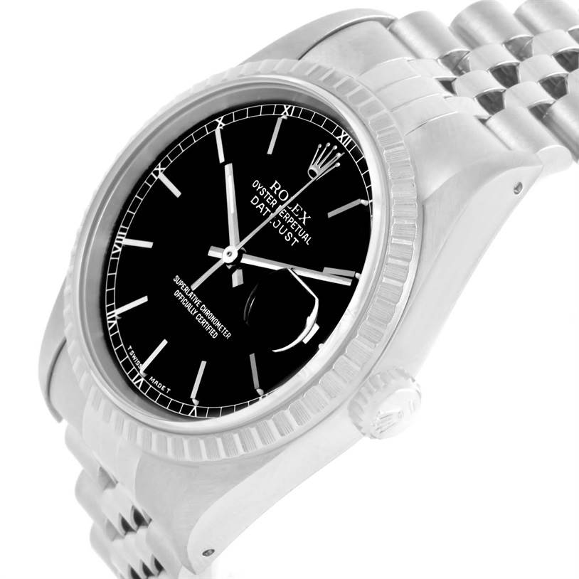 The image shows a close-up of a Rolex Datejust 16220 Men
s Stainless Steel Black Dial 16220 Men
s Stainless Steel Black Dial watch at an angled view, highlighting the dial, bezel, and bracelet.