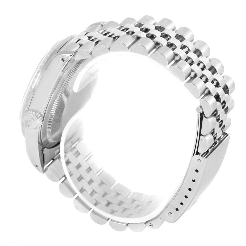 The image shows a partial side view of the Rolex Datejust 16220 Men
s Stainless Steel Black Dial 16220 Men
s Stainless Steel Black Dial watch, focusing on its bracelet and watch crown.