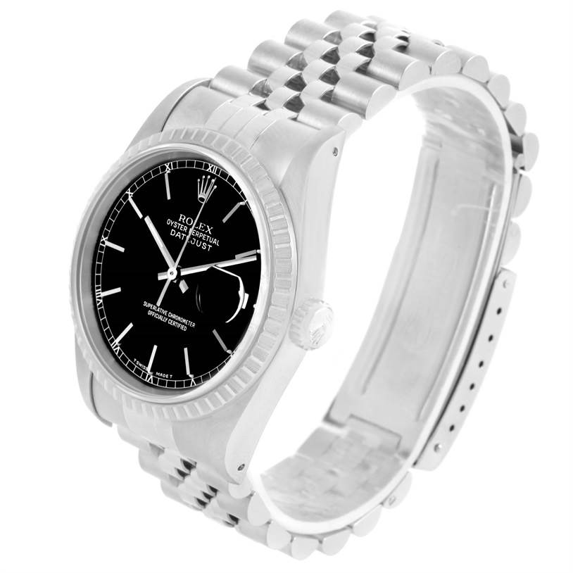 The Rolex Datejust 16220 Men
s Stainless Steel Black Dial 16220 Men
s Stainless Steel Black Dial watch is shown at an angle highlighting the black dial, fluted bezel, crown, and Jubilee bracelet.