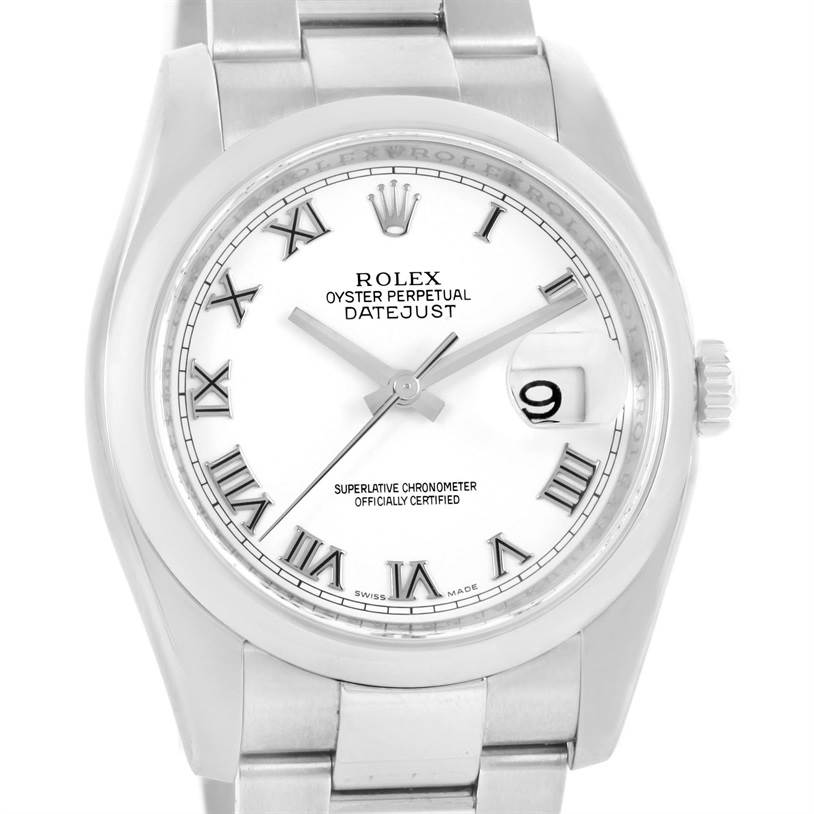 The image shows a frontal view of a Rolex Datejust 116200 Men
s Stainless Steel White Dial 116200 Men
s Stainless Steel White Dial watch showcasing the dial, bezel, and part of the bracelet.