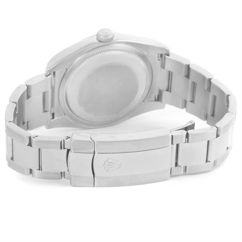 This image shows the back of a Rolex Datejust 116200 Men
s Stainless Steel White Dial 116200 Men
s Stainless Steel White Dial watch, focusing on the case back and closed clasp of the bracelet.