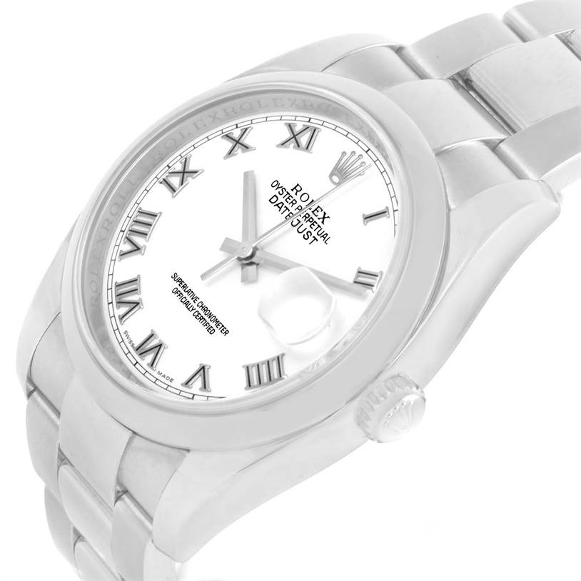 The Rolex Datejust 116200 Men
s Stainless Steel White Dial 116200 Men
s Stainless Steel White Dial watch is shown at a slight angle, highlighting its Roman numeral dial, crown, and part of the bracelet.