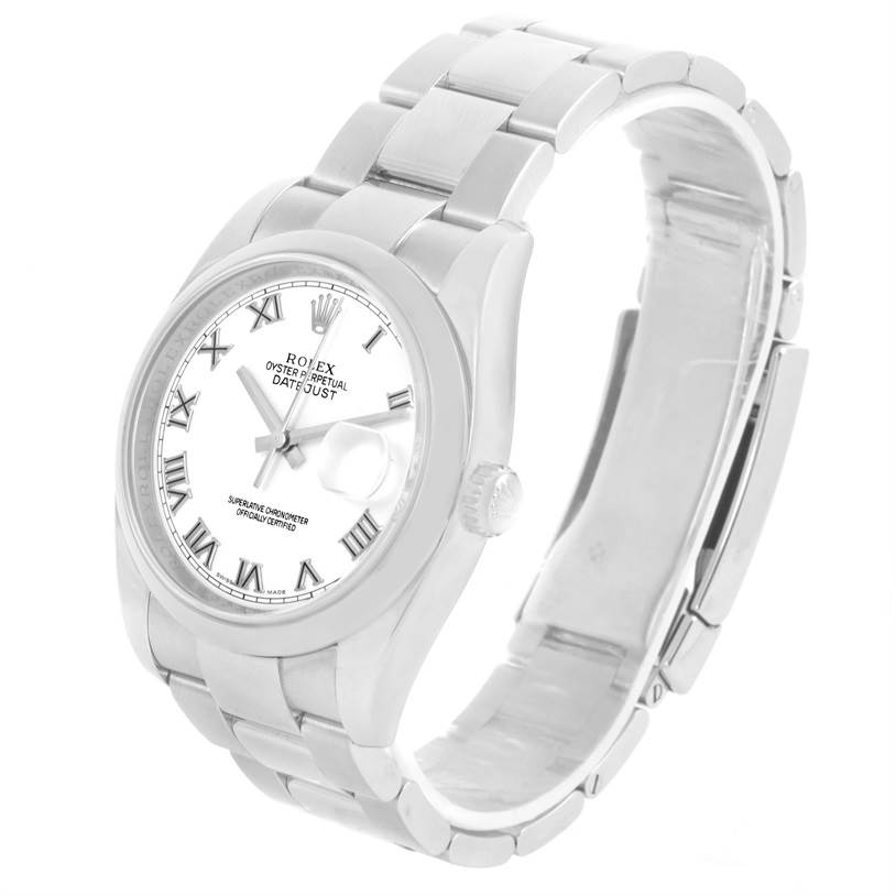 The image shows a Rolex Datejust 116200 Men
s Stainless Steel White Dial 116200 Men
s Stainless Steel White Dial watch at an angle showcasing the face, bracelet, and clasp.