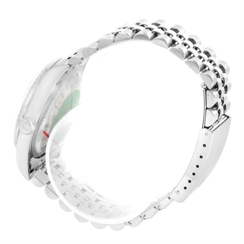 This image shows a side view of the Rolex Datejust 16220 Men
s Stainless Steel Silver Dial 16220 Men
s Stainless Steel Silver Dial watch, focusing on its bracelet and partially visible case.