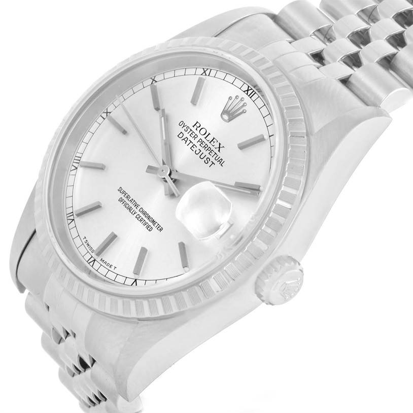 The image shows a side angle of a Rolex Datejust 16220 Men
s Stainless Steel Silver Dial 16220 Men
s Stainless Steel Silver Dial watch, highlighting the face, bezel, crown, and bracelet.