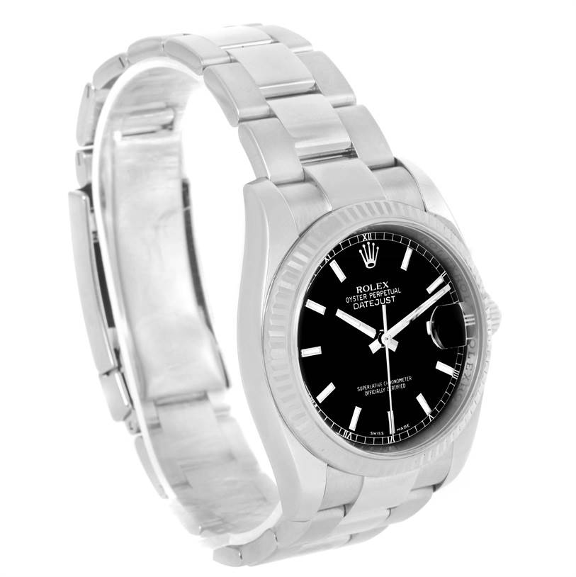 The Rolex Datejust 116234 Men
s Stainless Steel Black Dial 116234 Men
s Stainless Steel Black Dial watch is shown at a slightly angled side view, displaying the face, bezel, and part of the bracelet.