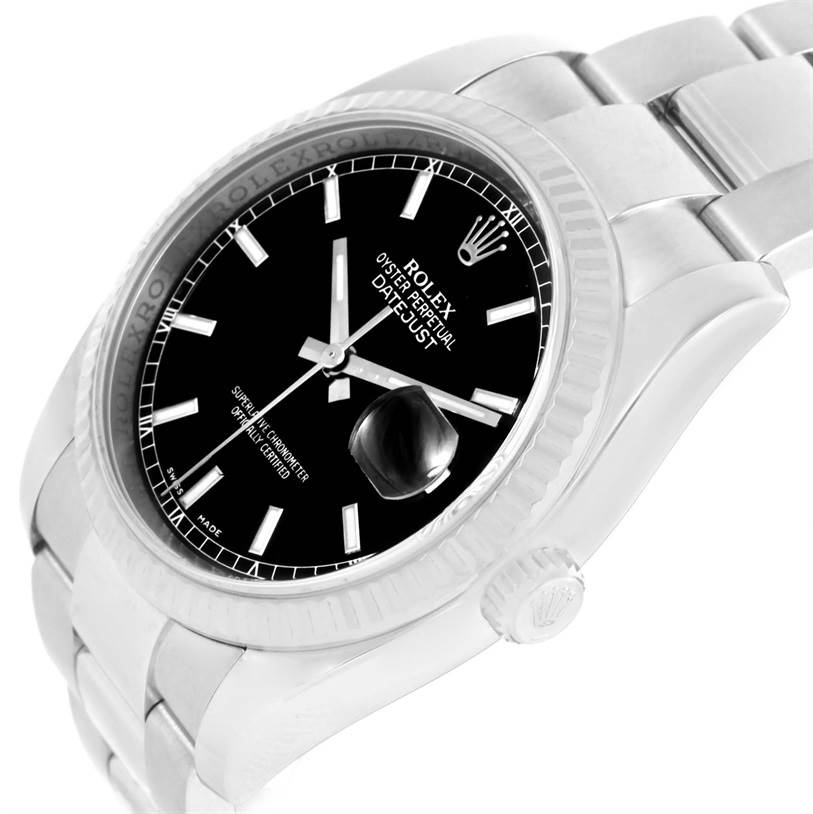 The Rolex Datejust 116234 Men
s Stainless Steel Black Dial 116234 Men
s Stainless Steel Black Dial watch is shown from a slightly tilted angle, displaying its black dial, fluted bezel, and stainless steel bracelet.