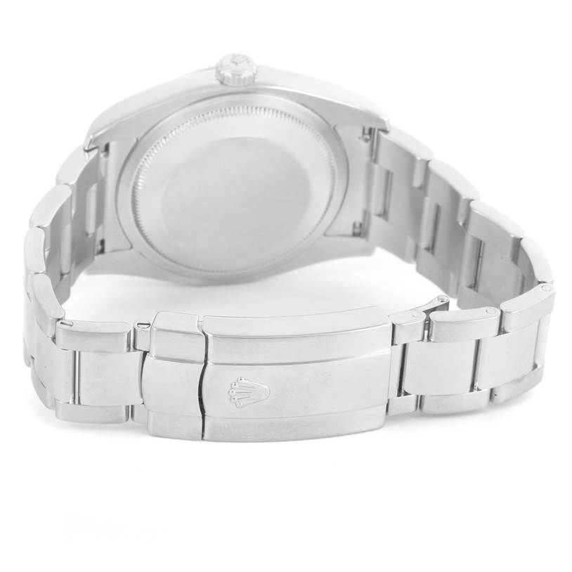 This image shows the back and clasp of the Rolex Datejust 116234 Men
s Stainless Steel Black Dial 116234 Men
s Stainless Steel Black Dial watch at an angle highlighting the bracelet and case back.