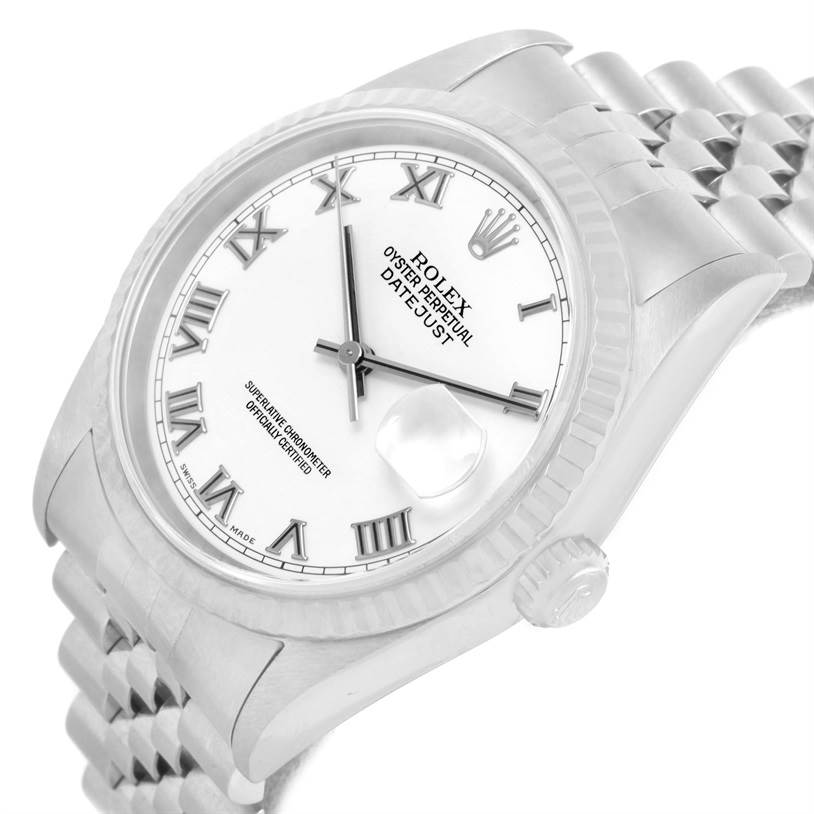 The Rolex Datejust 16234 Men
s Stainless Steel White Dial 16234 Men
s Stainless Steel White Dial watch is shown at a tilted angle, displaying the face, bezel, and part of the bracelet.