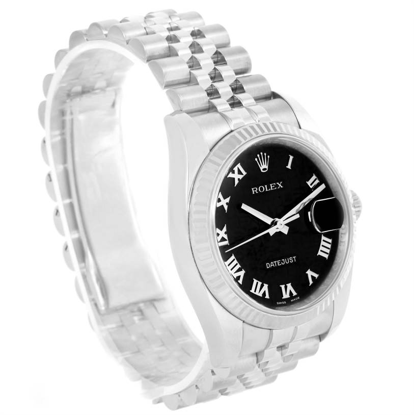 The Rolex Datejust 116234 Men
s Stainless Steel Black Dial 116234 Men
s Stainless Steel Black Dial watch is shown at an oblique angle, highlighting the black dial, fluted bezel, and Jubilee bracelet.