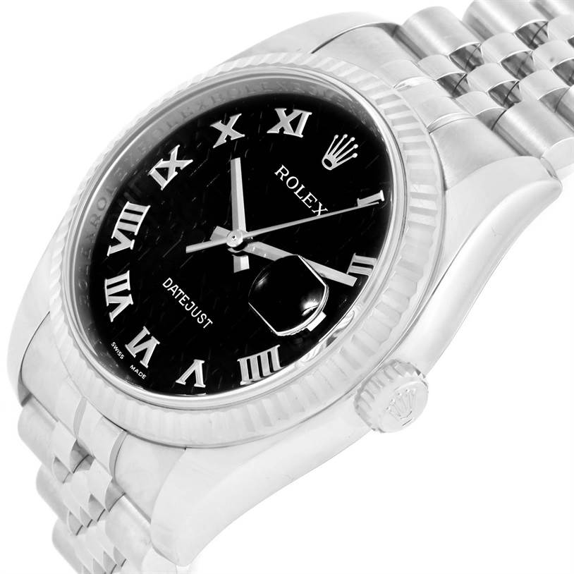 The image shows a Rolex Datejust 116234 Men
s Stainless Steel Black Dial 116234 Men
s Stainless Steel Black Dial watch at a three-quarter angle, displaying the face, bezel, crown, and part of the bracelet.