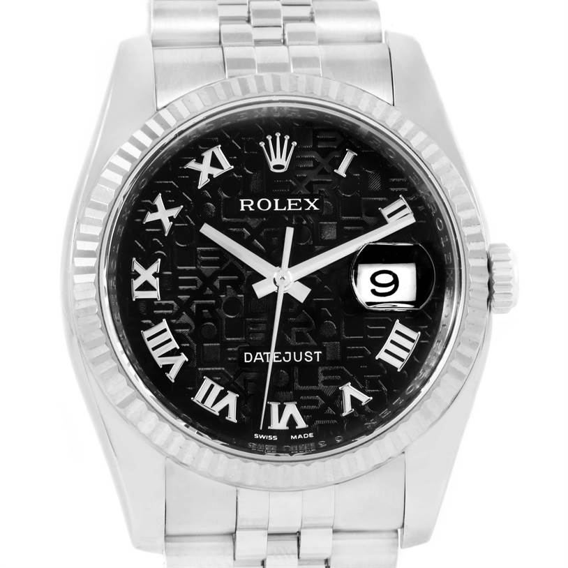 This image shows a front view of a Rolex Datejust 116234 Men
s Stainless Steel Black Dial 116234 Men
s Stainless Steel Black Dial watch, displaying its dial, bezel, and date window.