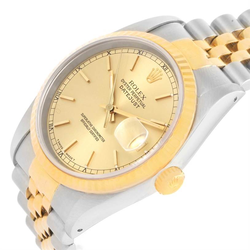 This image shows a Rolex Datejust 16233 Men
s Steel and Gold (two tone) Champagne Dial 16233 Men
s Steel and Gold (two tone) Champagne Dial watch from an angled view, highlighting the dial, bezel, crown, and part of the bracelet.
