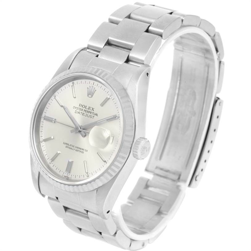 The Rolex Datejust 16234 Men's Stainless Steel Silver Dial 16234 Men's Stainless Steel Silver Dial watch is shown at a three-quarter angle, displaying the dial, bezel, crown, and bracelet.