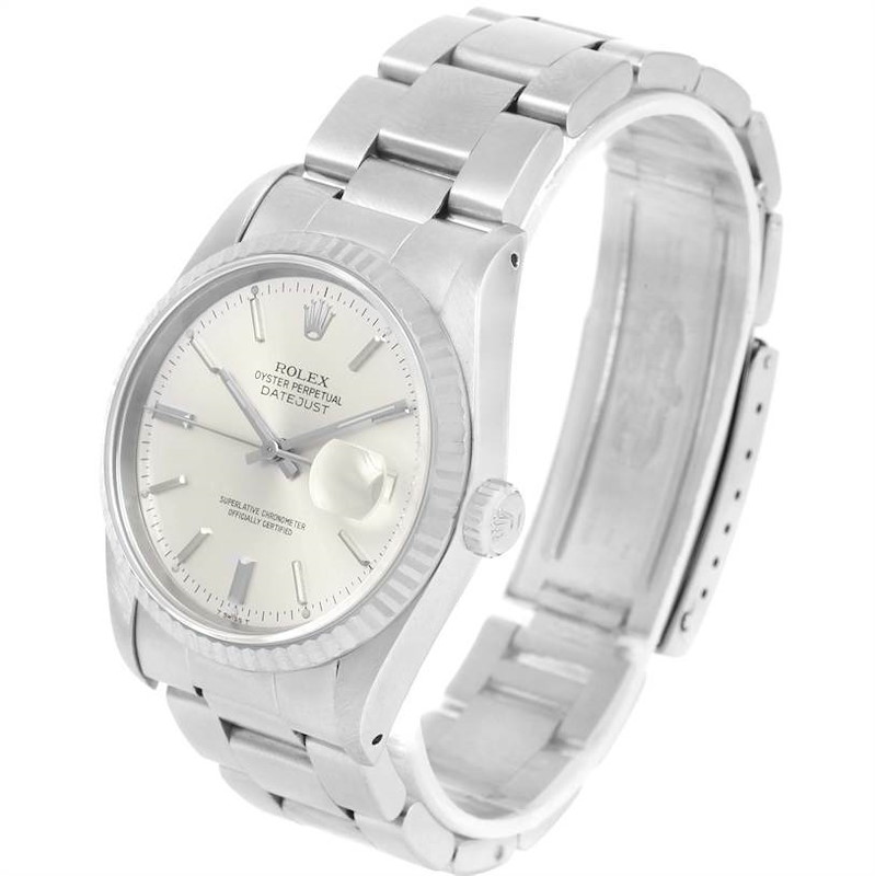 Rolex Datejust Steel 18K White Gold Silver Baton Dial Mens Watch 16234 SwissWatchExpo