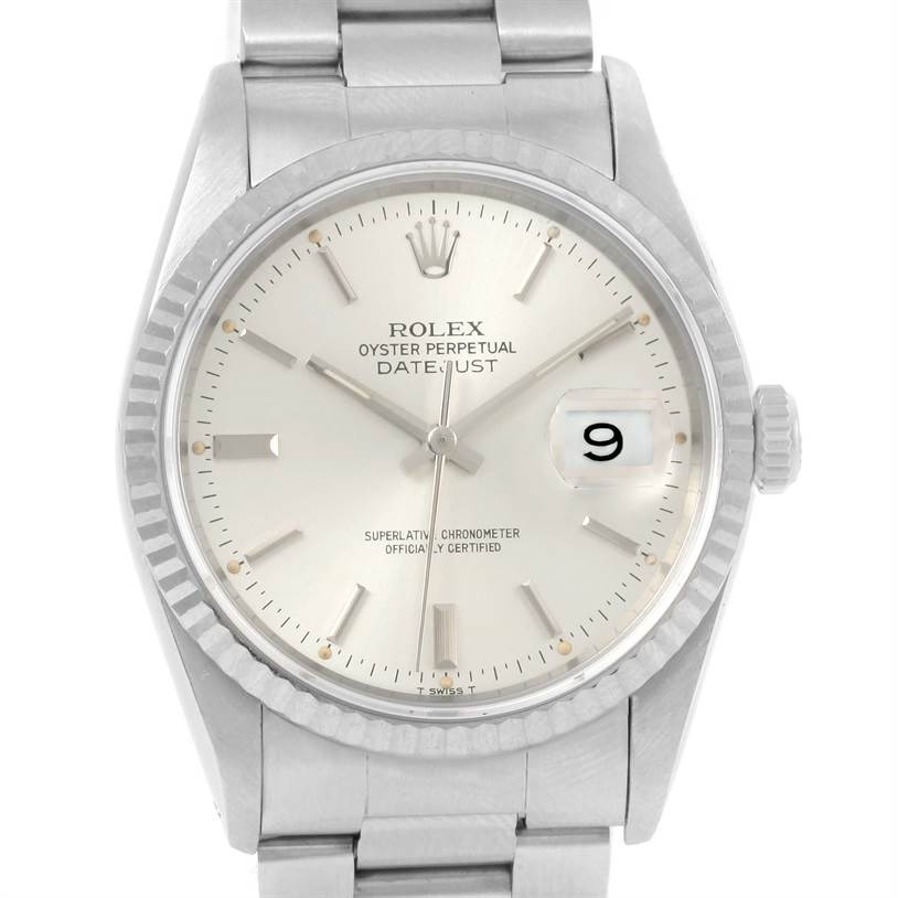 This is a frontal view of a Rolex Datejust 16234 Men's Stainless Steel Silver Dial 16234 Men's Stainless Steel Silver Dial watch, showing the dial, bezel, crown, and part of the bracelet.