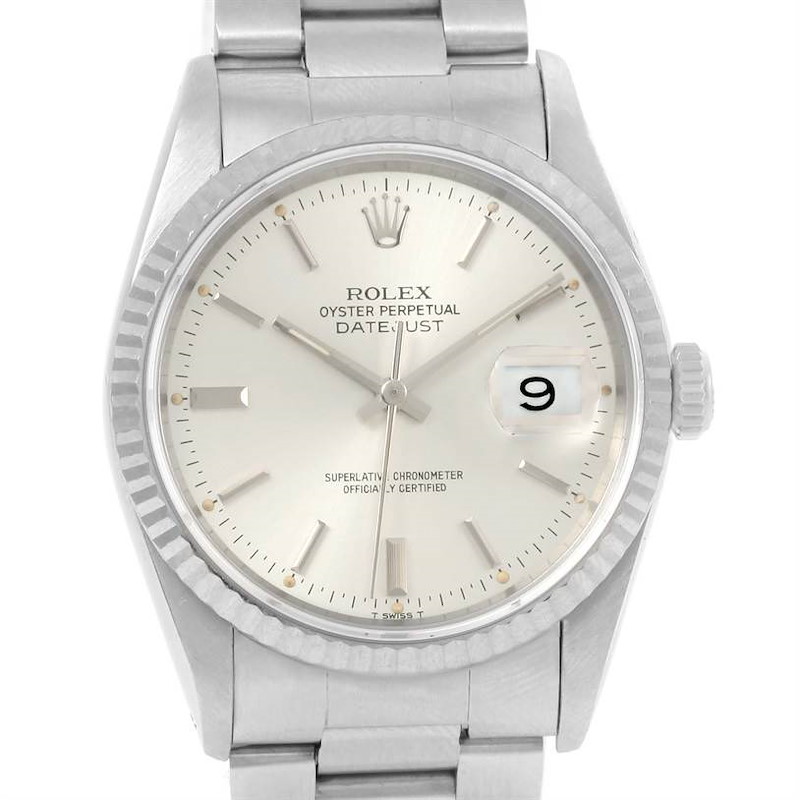 Rolex Datejust Steel 18K White Gold Silver Baton Dial Mens Watch 16234 SwissWatchExpo