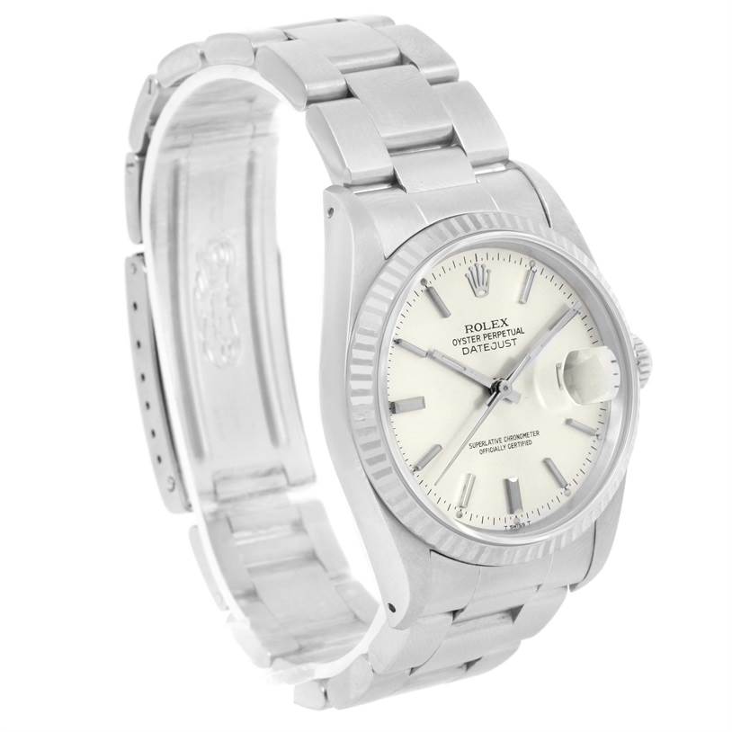 The Rolex Datejust 16234 Men's Stainless Steel Silver Dial 16234 Men's Stainless Steel Silver Dial watch is shown at a slight angle, highlighting the face, bezel, and bracelet.