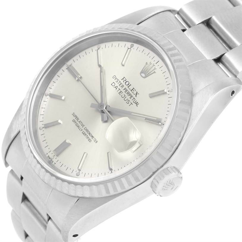 The Rolex Datejust 16234 Men's Stainless Steel Silver Dial 16234 Men's Stainless Steel Silver Dial watch is shown at an angled view highlighting the face, bezel, crown, and part of the bracelet.