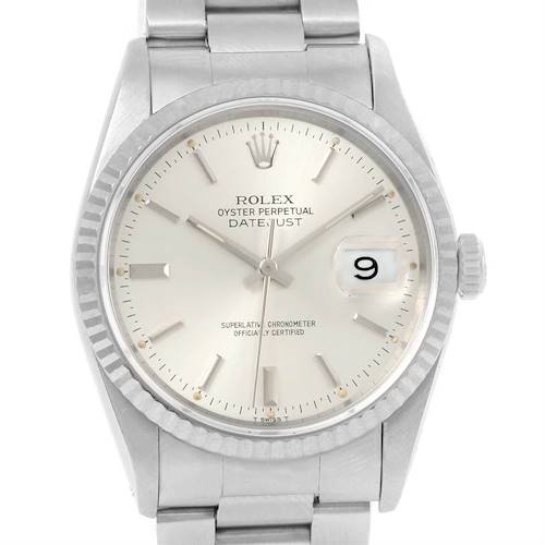 Photo of Rolex Datejust Steel 18K White Gold Silver Baton Dial Mens Watch 16234