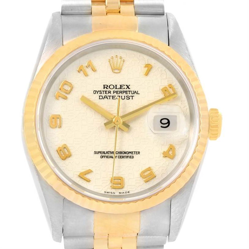 This Rolex Datejust watch is shown from the front, highlighting the dial, gold bezel, and two-tone bracelet.