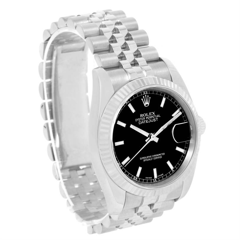 This Rolex Datejust 116234 Men
s Stainless Steel Black Dial 116234 Men
s Stainless Steel Black Dial watch is shown at a slight angle highlighting the black dial, fluted bezel, and bracelet.