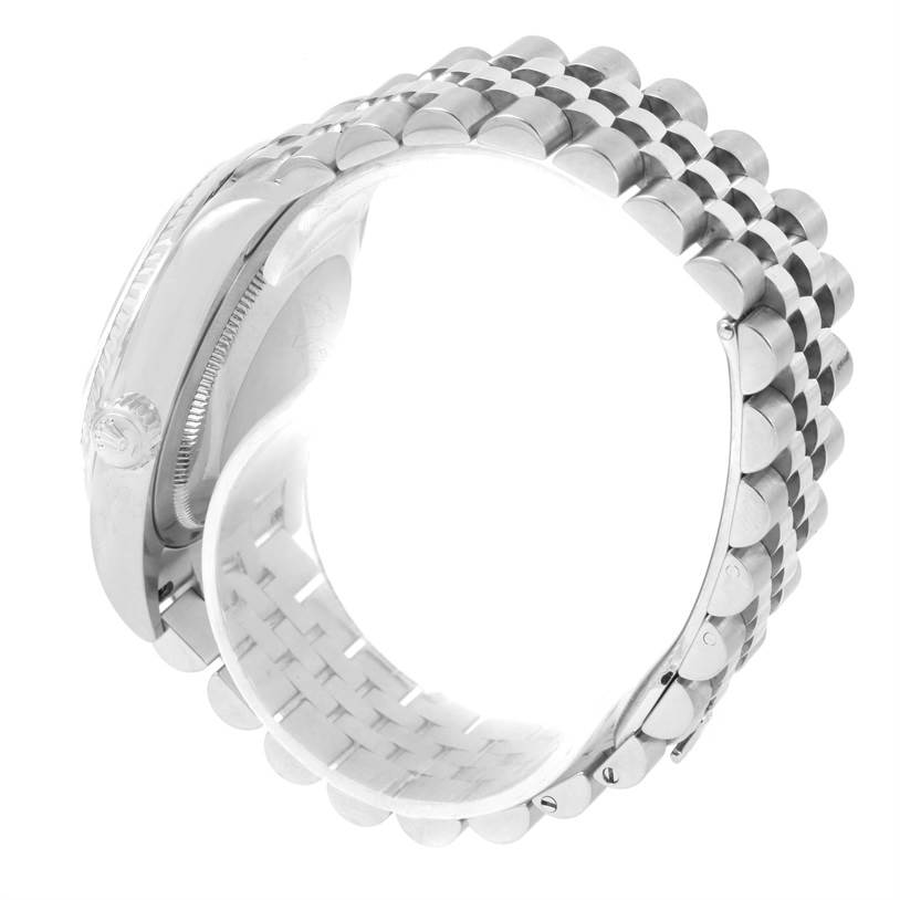 The image shows a side angle of the Rolex Datejust 116234 Men
s Stainless Steel Black Dial 116234 Men
s Stainless Steel Black Dial watch, highlighting the crown, case side, and Jubilee bracelet.