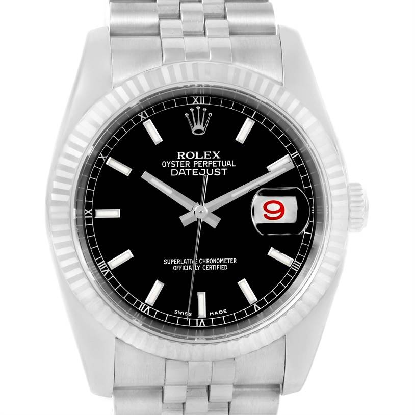 The Rolex Datejust 116234 Men
s Stainless Steel Black Dial 116234 Men
s Stainless Steel Black Dial watch is shown from a frontal view, highlighting the black dial and Jubilee bracelet.