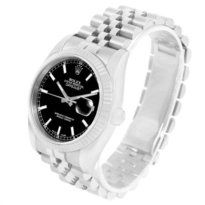 The Rolex Datejust 116234 Men
s Stainless Steel Black Dial 116234 Men
s Stainless Steel Black Dial watch is shown at a three-quarter angle, highlighting its black dial, fluted bezel, and Jubilee bracelet.