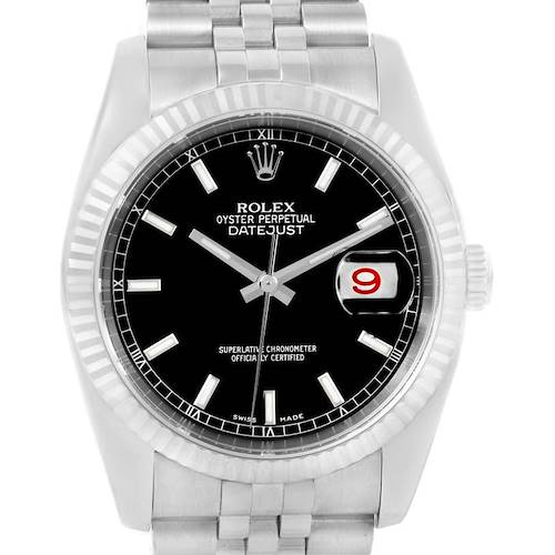 Photo of Rolex Datejust Steel 18K White Gold Black Baton Dial Watch 116234