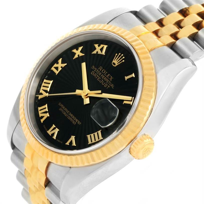 The Rolex Datejust 116233 Men
s Stainless Steel Black Dial 116233 Men
s Stainless Steel Black Dial watch is shown at an angle highlighting the black dial, fluted bezel, and two-tone bracelet.