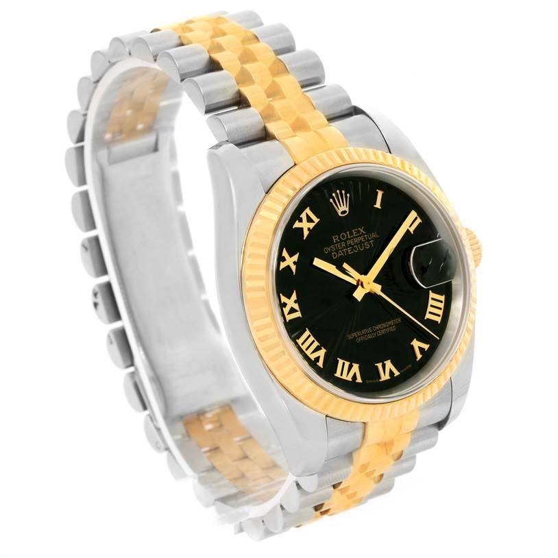 The Rolex Datejust 116233 Men
s Stainless Steel Black Dial 116233 Men
s Stainless Steel Black Dial watch is shown at an angle highlighting the bracelet, bezel, and face with Roman numerals.