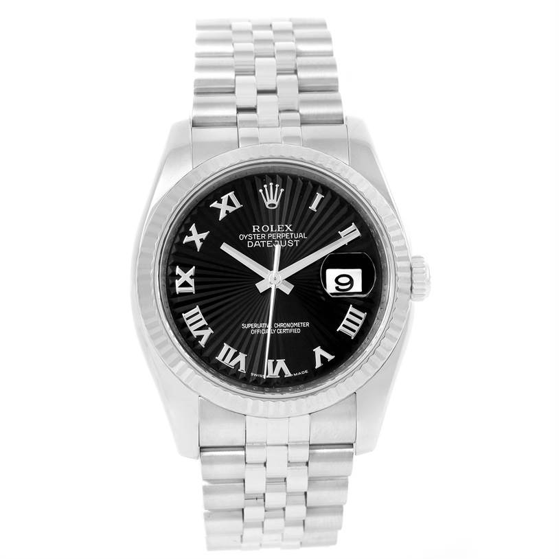 The image shows a front view of a Rolex Datejust 116234 Men
s Stainless Steel Black Dial 116234 Men
s Stainless Steel Black Dial watch, highlighting its black dial, Roman numerals, fluted bezel, and Jubilee bracelet.