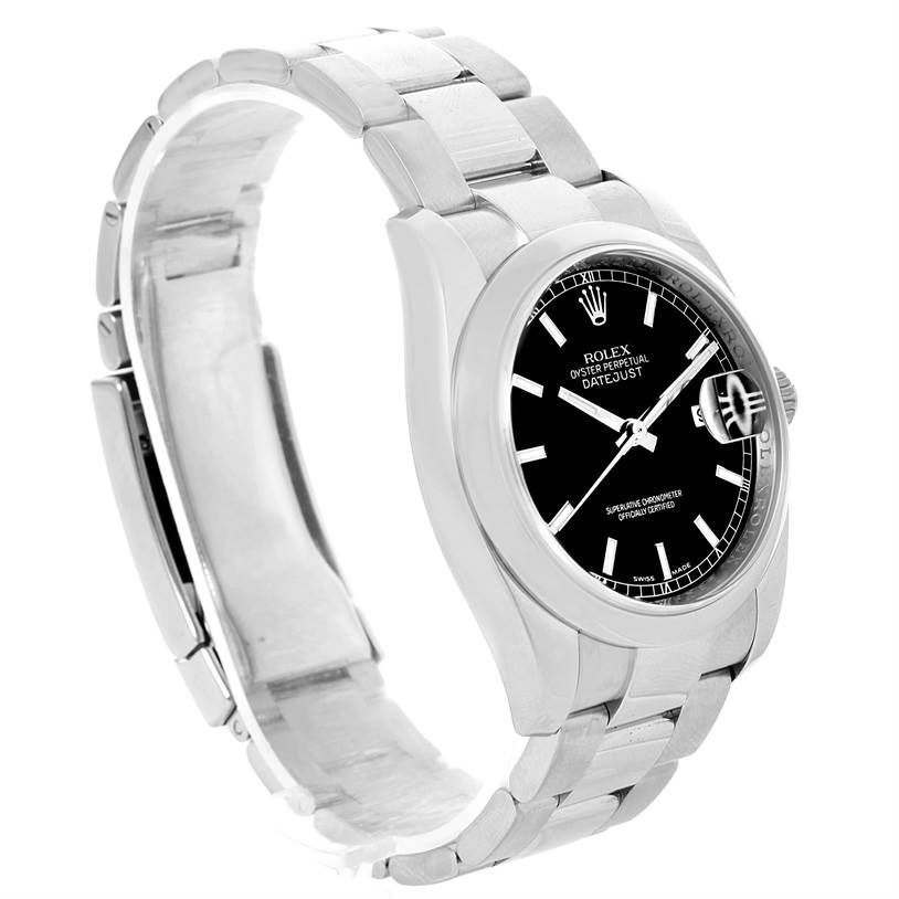 The Rolex Datejust 116200 Men
s Stainless Steel Black Dial 116200 Men
s Stainless Steel Black Dial watch is shown at a slight side angle displaying the face, bezel, bracelet, and partially open clasp.