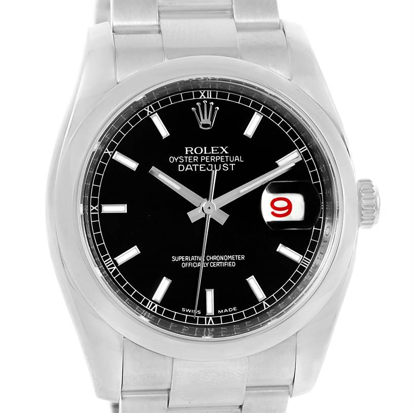 The image shows a frontal view of a Rolex Datejust 116200 Men
s Stainless Steel Black Dial 116200 Men
s Stainless Steel Black Dial watch, highlighting the black dial, date window, and stainless steel bracelet.