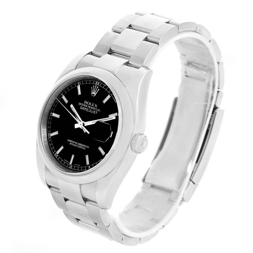 This is a side angle view of the Rolex Datejust 116200 Men
s Stainless Steel Black Dial 116200 Men
s Stainless Steel Black Dial watch, showcasing its black dial, bracelet, and crown.