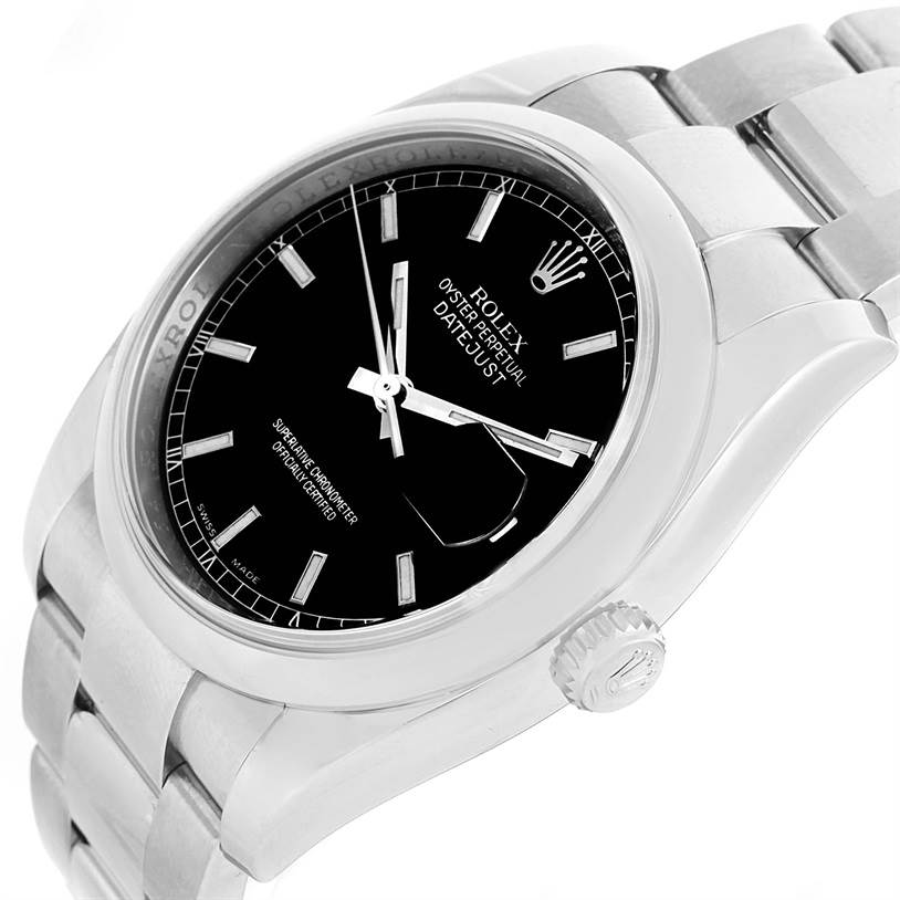 This image shows a side angle of the Rolex Datejust 116200 Men
s Stainless Steel Black Dial 116200 Men
s Stainless Steel Black Dial watch, highlighting the black dial, crown, and stainless steel bracelet.