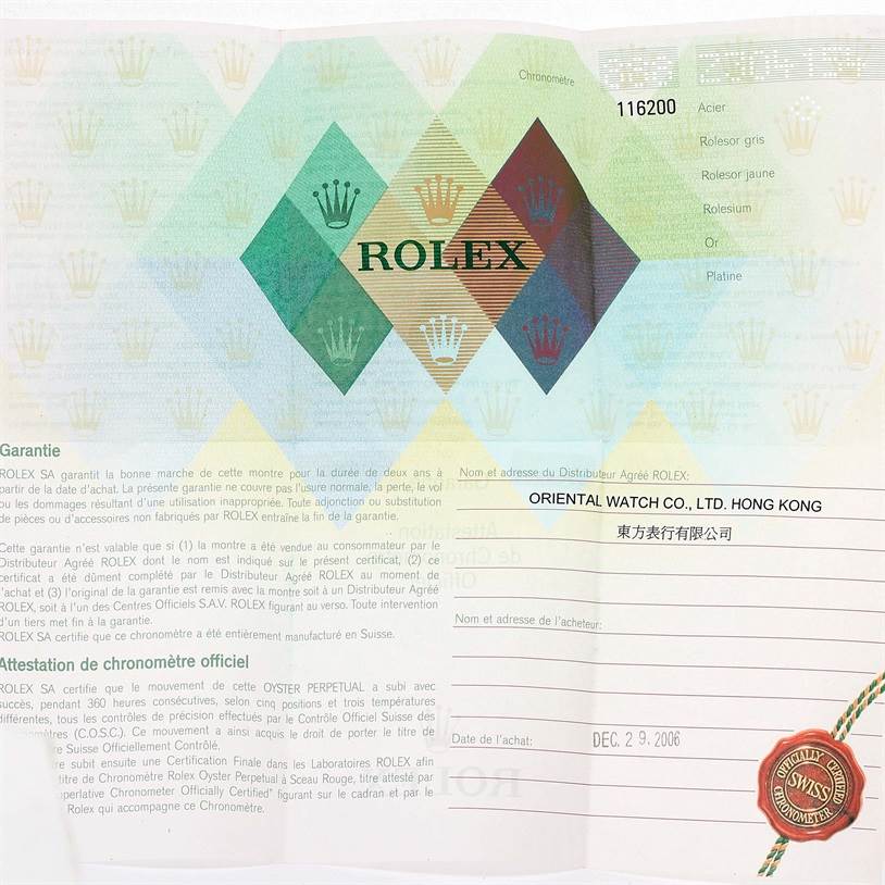 The image shows the warranty certificate for a Rolex Datejust 116200 Men
s Stainless Steel Black Dial 116200 Men
s Stainless Steel Black Dial watch, including official branding and distributor information.