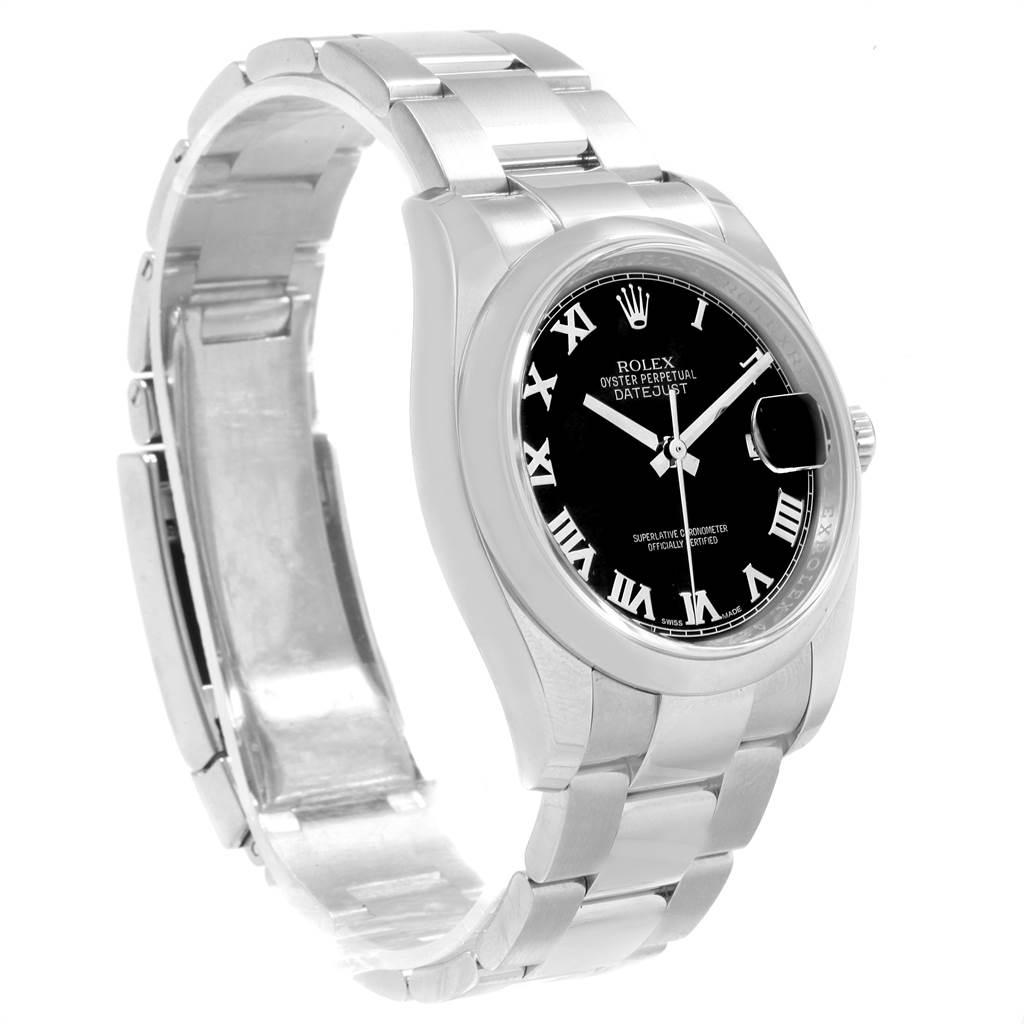 The image shows a Rolex Datejust 116200 Men
s Stainless Steel Black Dial 116200 Men
s Stainless Steel Black Dial watch angled slightly to the left, highlighting the face, bezel, and part of the bracelet.