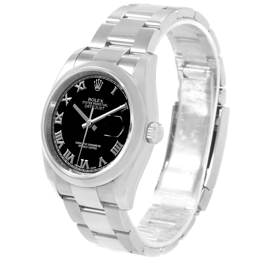 The Rolex Datejust 116200 Men
s Stainless Steel Black Dial 116200 Men
s Stainless Steel Black Dial watch is shown from a front-right angle, displaying its face, bezel, and part of the bracelet.