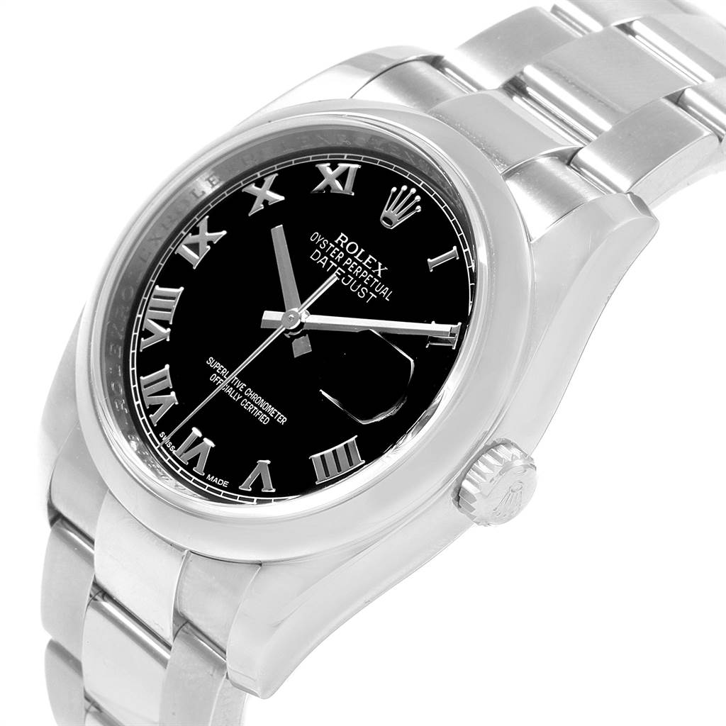 The image shows a side angle of the Rolex Datejust 116200 Men
s Stainless Steel Black Dial 116200 Men
s Stainless Steel Black Dial watch, highlighting the dial, crown, and part of the bracelet.