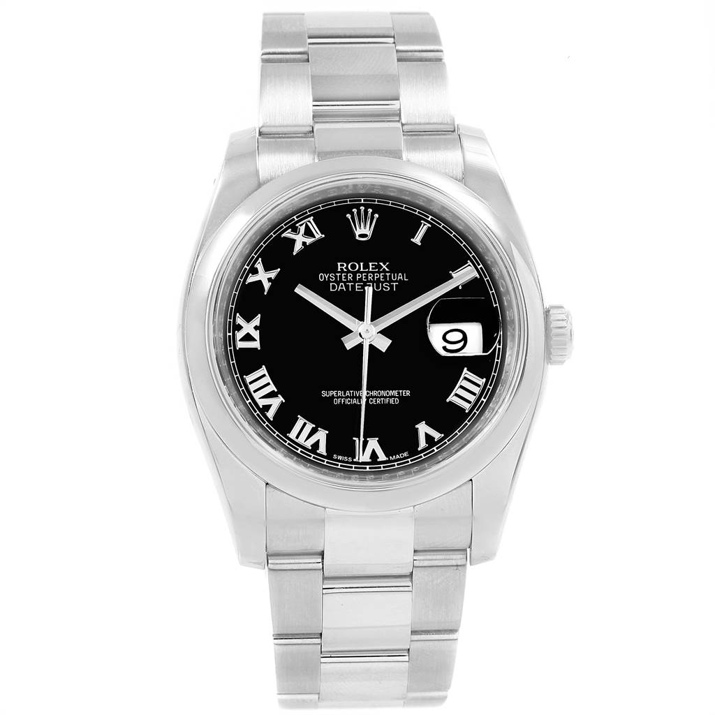 The image shows a front view of a Rolex Datejust 116200 Men
s Stainless Steel Black Dial 116200 Men
s Stainless Steel Black Dial watch, highlighting the dial, case, and bracelet.