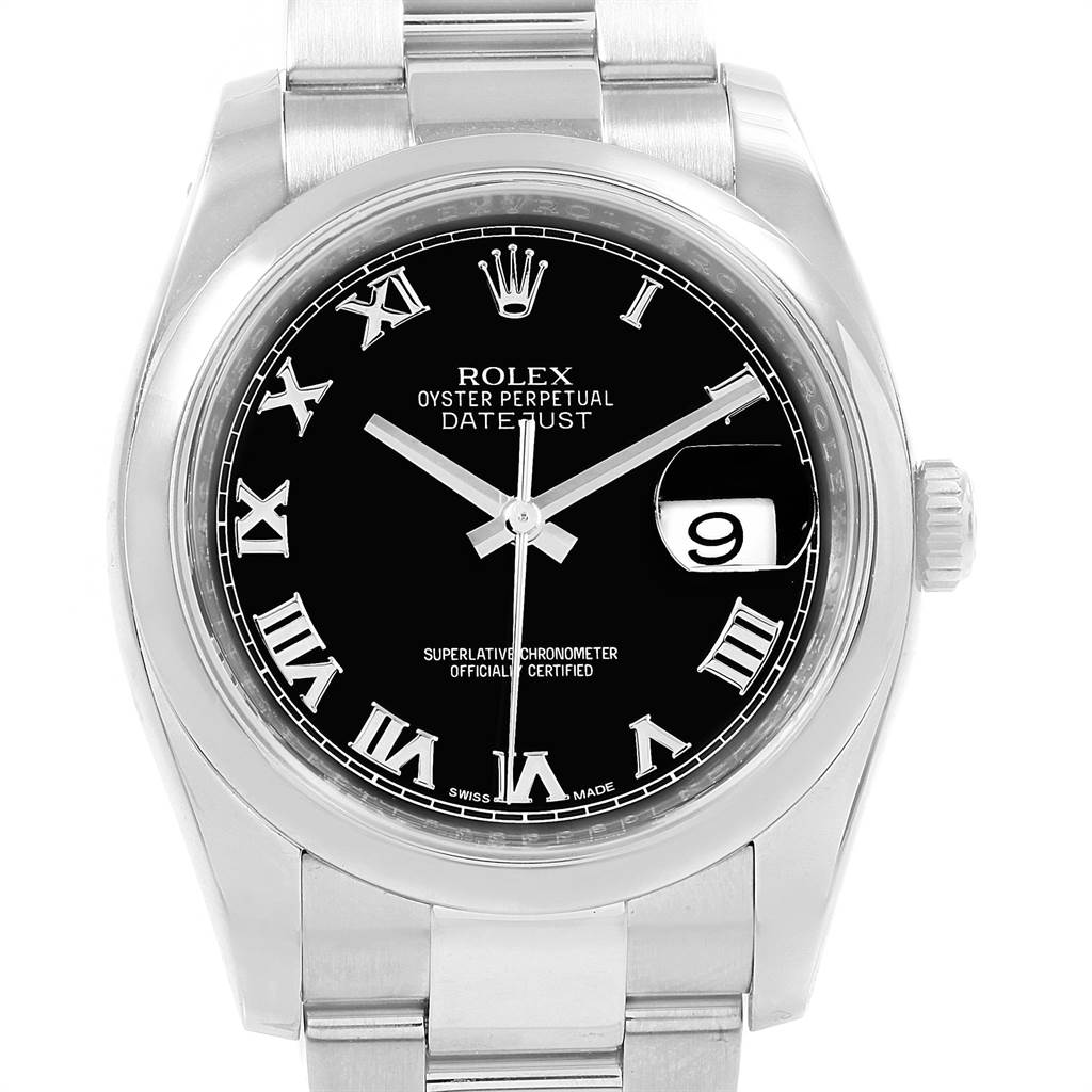 The image shows a front view of a Rolex Datejust 116200 Men
s Stainless Steel Black Dial 116200 Men
s Stainless Steel Black Dial watch, highlighting its black dial, date window, and stainless steel bracelet.