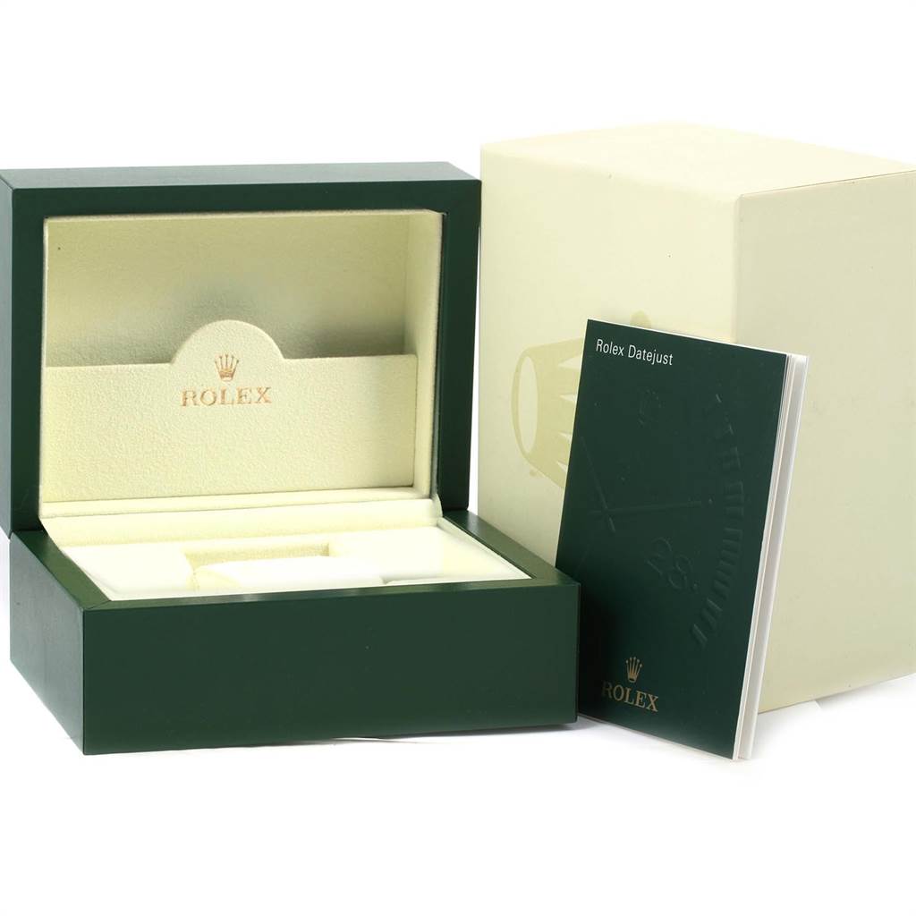 The image shows an open Rolex Datejust 116200 Men
s Stainless Steel Black Dial 116200 Men
s Stainless Steel Black Dial watch box and an accompanying booklet, with the outer box in the background.