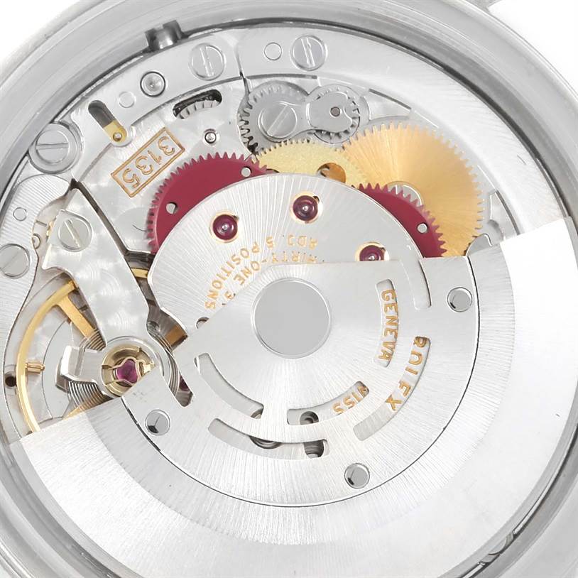 This image shows the intricate internal mechanism and movement of a Rolex Datejust 16234 Men's Stainless Steel Silver Dial 16234 Men's Stainless Steel Silver Dial watch from a rear angle.