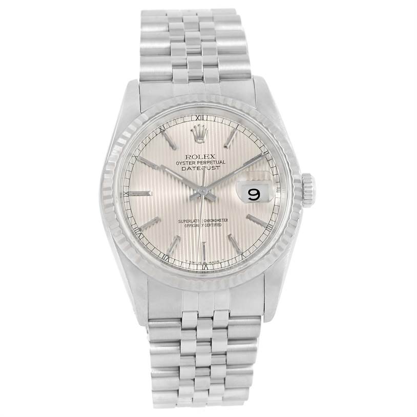The image shows a front view of the Rolex Datejust 16234 Men's Stainless Steel Silver Dial 16234 Men's Stainless Steel Silver Dial watch, highlighting its dial, bezel, and metal bracelet.